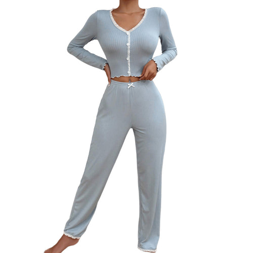 Ensemble pyjama long à manches longues et pantalon slim en dentelle sexy