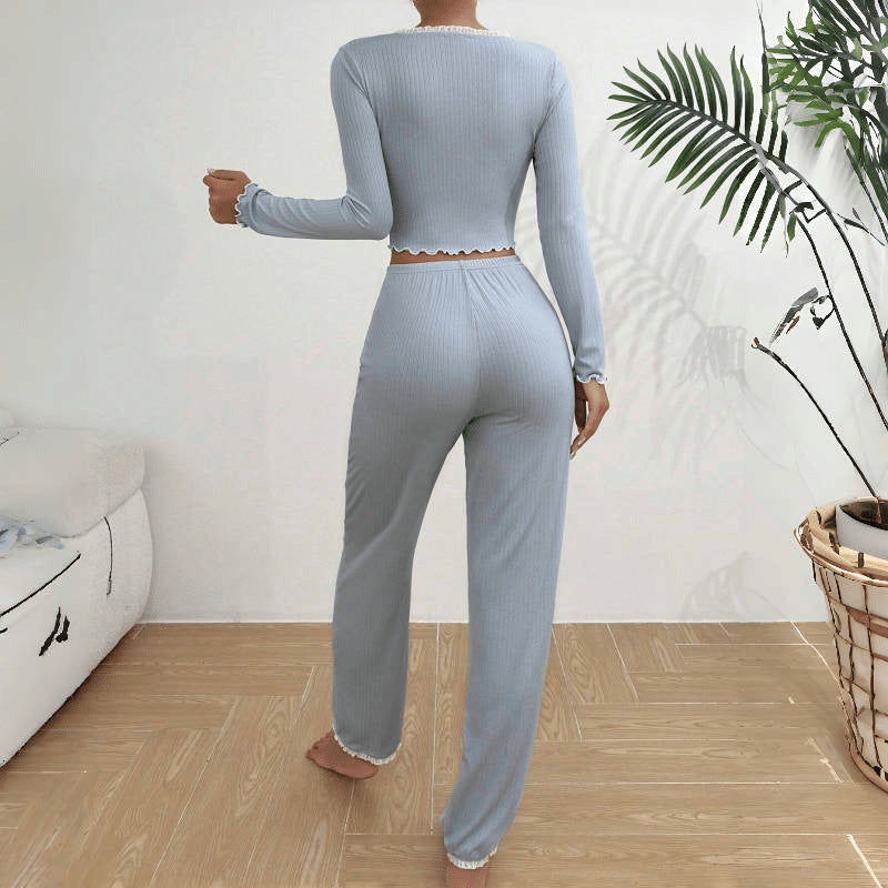 Ensemble pyjama long à manches longues et pantalon slim en dentelle sexy